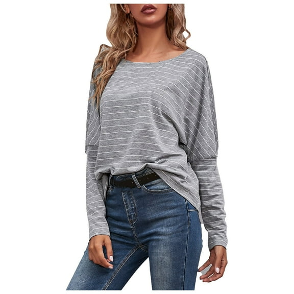 Long Sleeve Tops for Women Round Neck Stripe Print Basic Blouse Casual Loose Fit Comfy Autumn Fall Tunic Shirt