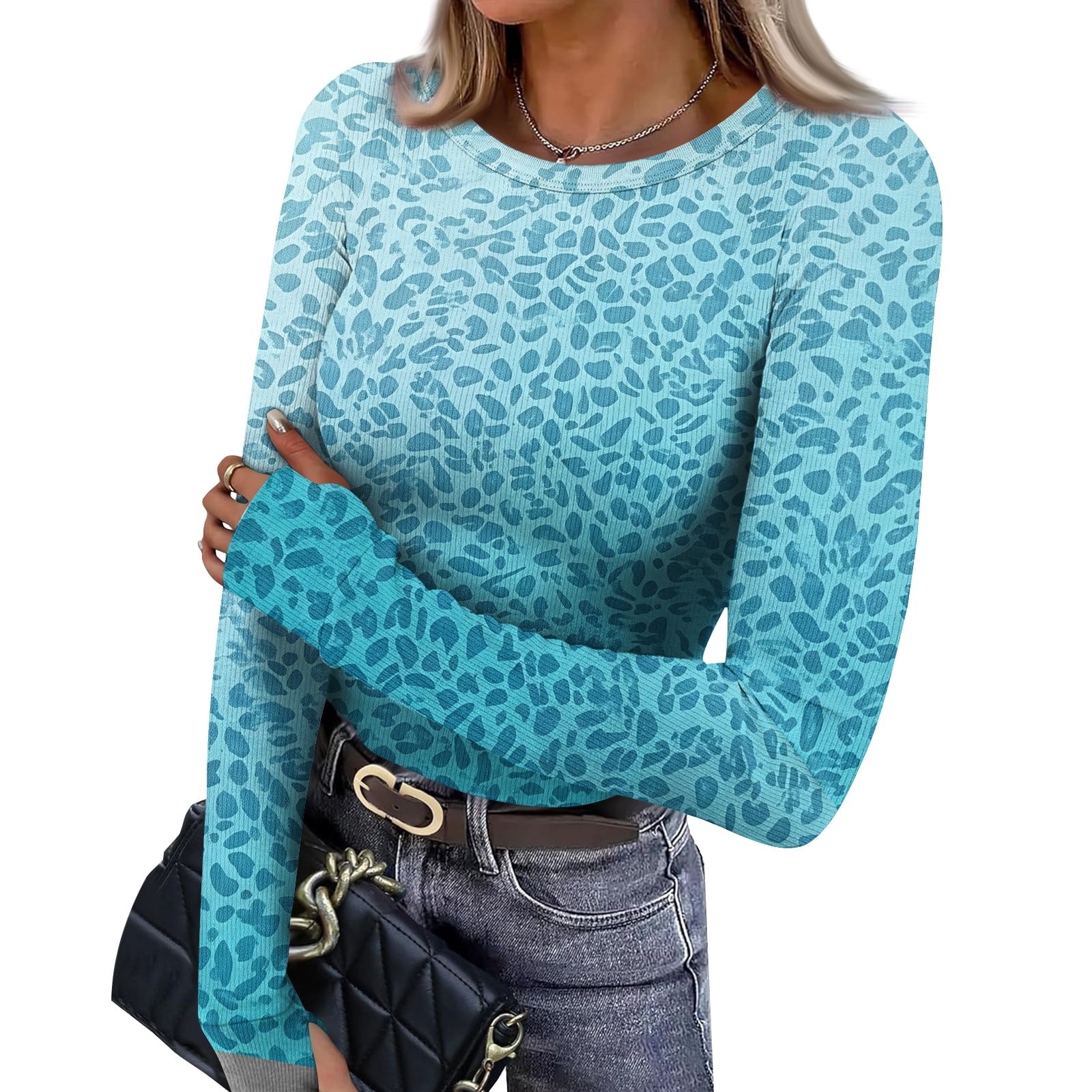Long Sleeve Tops for Women Slim Fit Crew Neck Leopard Print Knit Top ...