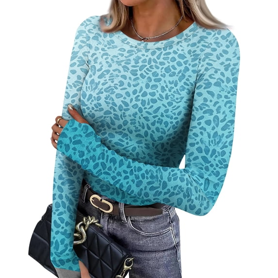Long Sleeve Tops for Women Slim Fit Crew Neck Leopard Print Knit Top ...