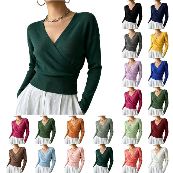 Long Sleeve Tops for Women Surplice Neck Solid Color Collar Waist Cinched Top Outfit Travel Wear