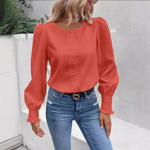 Long Sleeve Tops for Women Sweatshirts For Women Crewneck Puff Sleeve Tops Lightweight Sweaters Womens Tops Orange M