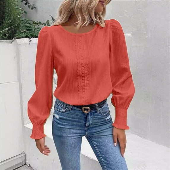 Long Sleeve Tops for Women Sweatshirts For Women Crewneck Puff Sleeve Tops Lightweight Sweaters Womens Tops Orange XL