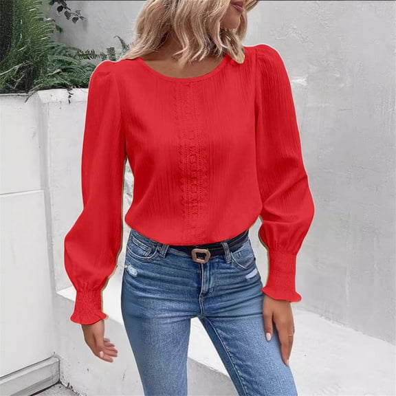 Long Sleeve Tops for Women Sweatshirts For Women Crewneck Puff Sleeve Tops Lightweight Sweaters Womens Tops Red M