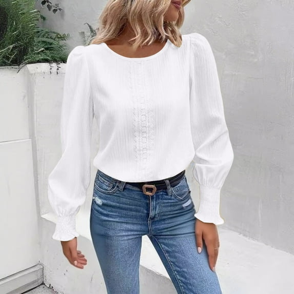 Long Sleeve Tops for Women Sweatshirts For Women Crewneck Puff Sleeve Tops Lightweight Sweaters Womens Tops White XL