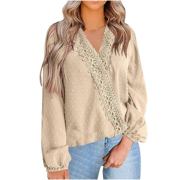 Long Sleeve Tops for Women Swiss Dot Lace Crochet V Neck Blouses Loose Casual Fall Pullover Elegant office Shirts
