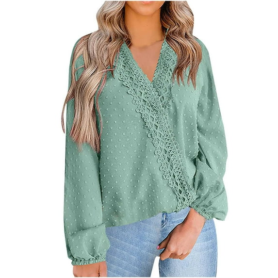 Long Sleeve Tops for Women Swiss Dot Lace Crochet V Neck Blouses Loose Casual Fall Pullover Elegant office Shirts