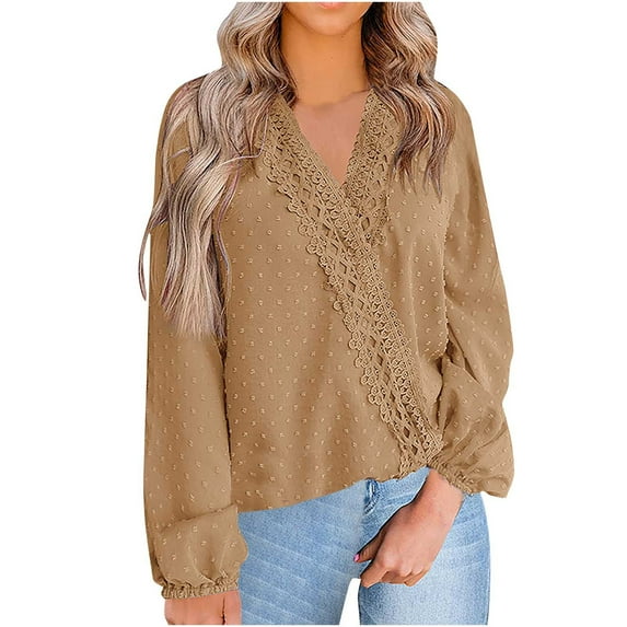 Long Sleeve Tops for Women Swiss Dot Lace Crochet V Neck Blouses Loose Casual Fall Pullover Elegant office Shirts