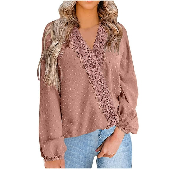 Long Sleeve Tops for Women Swiss Dot Lace Crochet V Neck Blouses Loose Casual Fall Pullover Elegant office Shirts