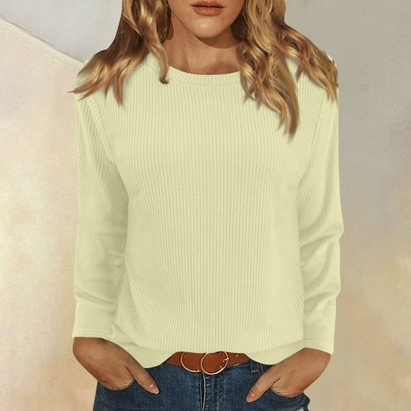 Long Sleeve Tops for Women T-Shirt Casual Solid Colour Tops T Shirt Round Neck Pullover Blouse