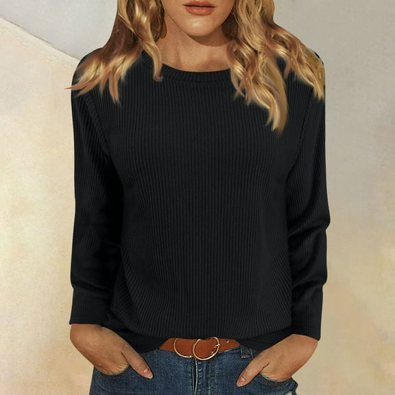 Long Sleeve Tops for Women T-Shirt Casual Solid Colour Tops T Shirt Round Neck Pullover Blouse