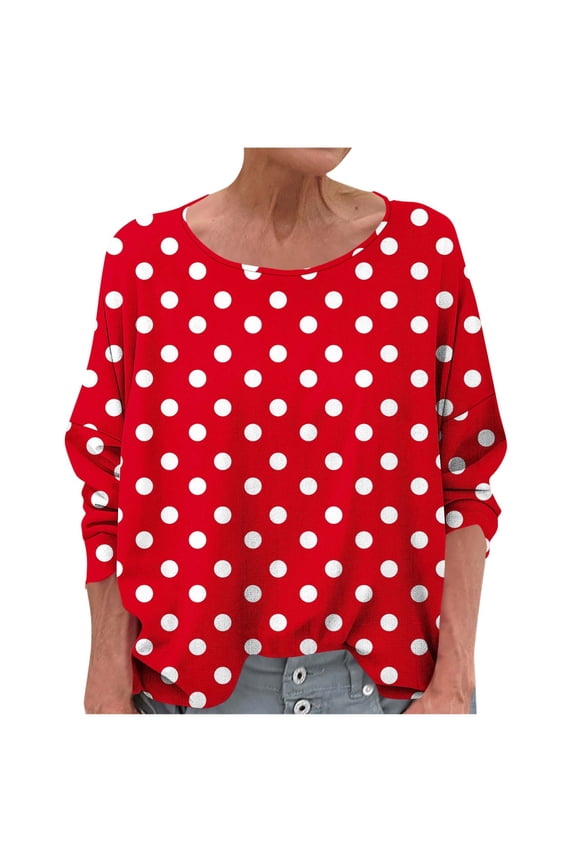 Long Sleeve Tops for Women Trendy Boat Neck Boho Polka Dot Shirts Casual Loose Workout Holiday Work Blouse