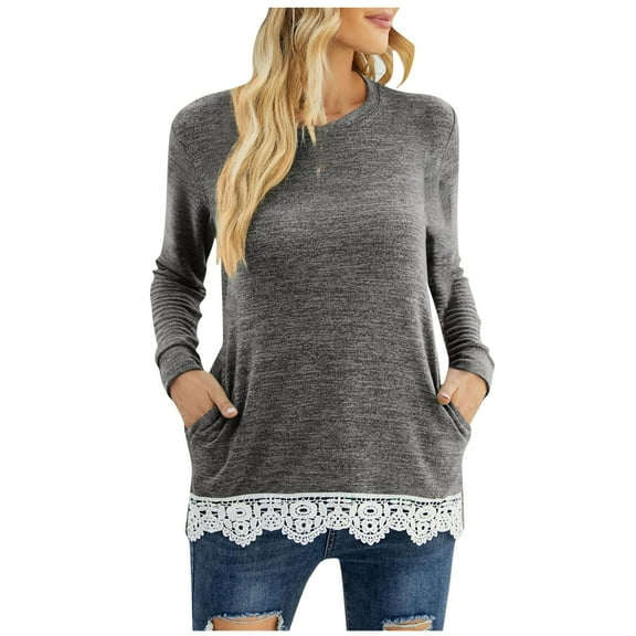 Long Sleeve Tops for Women, Womens Lace Trim Blouses Round Neck T-Shirts Elegant Sweatshirts Comfy Soft Fall Clothes