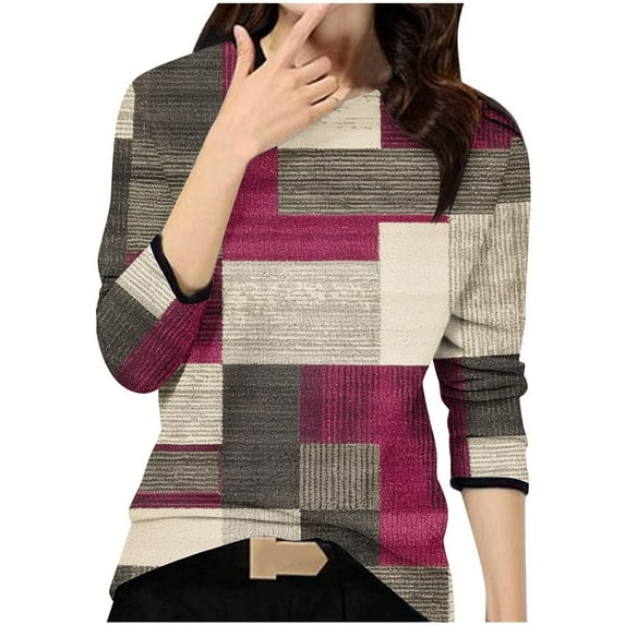 Long Sleeve Tops for Womens Trendy Fashion Texture Colorblock Tee Shirts Crewneck Tunic Top Blouse