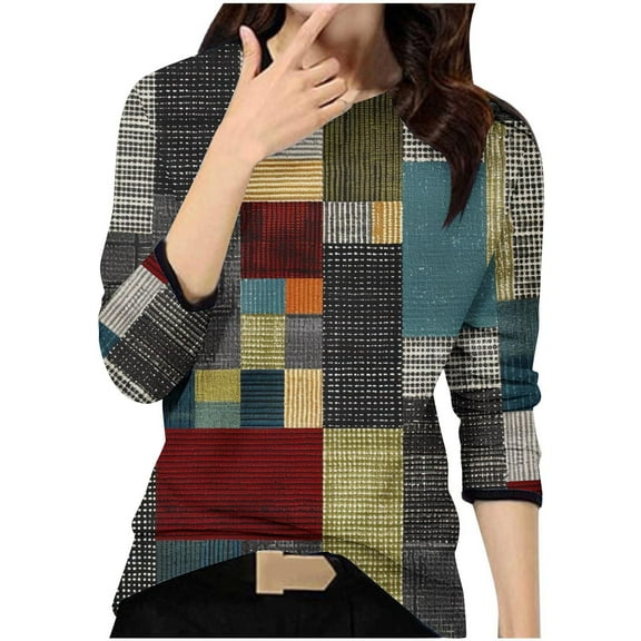 Long Sleeve Tops for Womens Trendy Fashion Texture Colorblock Tee Shirts Crewneck Tunic Top Blouse