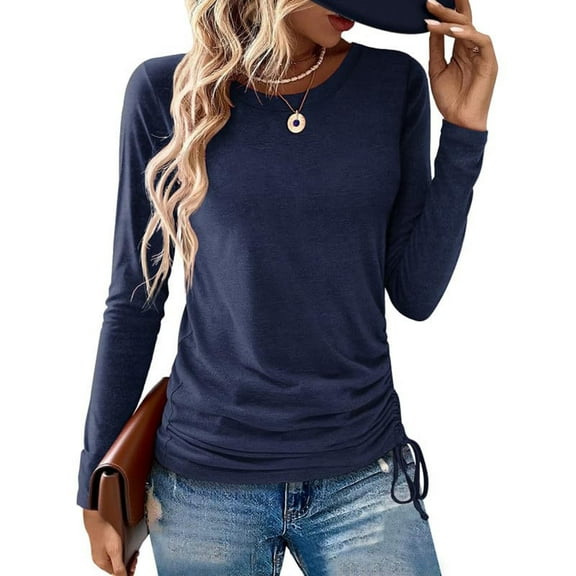 Long Sleeve Trendy Tops for Women Fall Spring Dressy Casual Blouses Side Drawstring Ruched Tunic Tee Shirts (2XL, Dark Blue)