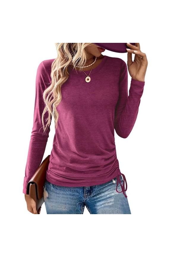 Long Sleeve Trendy Tops for Women Fall Spring Dressy Casual Blouses Side Drawstring Ruched Tunic Tee Shirts (S, Hot Pink)