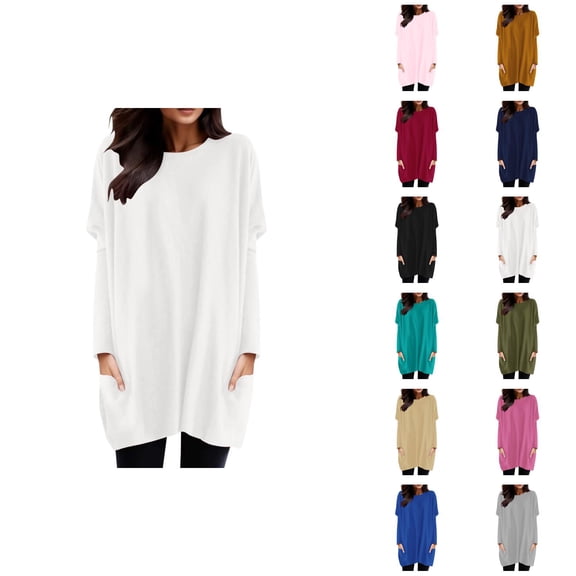 Long Sleeve Tshirt Dress for Women 2026 Casual Crewneck Pullover Tops Mini Dresses Long Tshirts with Pockets