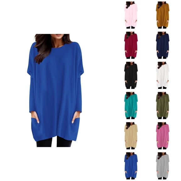 Long Sleeve Tshirt Dress for Women 2026 Casual Crewneck Pullover Tops Mini Dresses Long Tshirts with Pockets