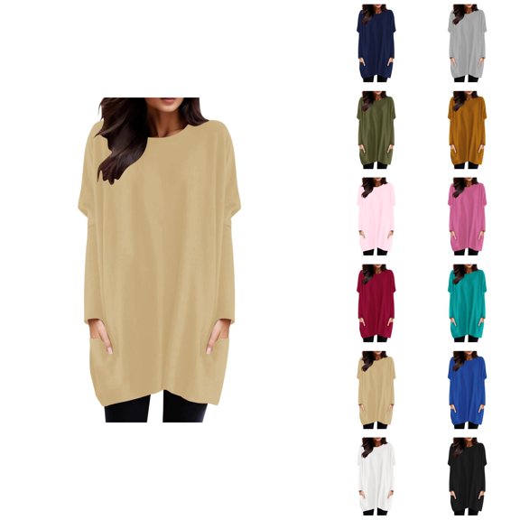 Long Sleeve Tshirt Dress for Women 2026 Trendy Crewneck Pullover Tops Mini Dresses Long Tshirts with Pockets