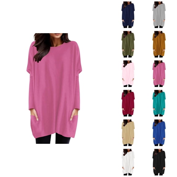 Long Sleeve Tshirt Dress for Women 2026 Trendy Crewneck Pullover Tops Mini Dresses Long Tshirts with Pockets