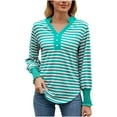 thumbnail image 1 of Long Sleeve Tshirt for Women Smocked Cuffs Striped Shirt Button V Neck Casual High Low Tops Pullover Loose Blouses, Green, XL, 1 of 7