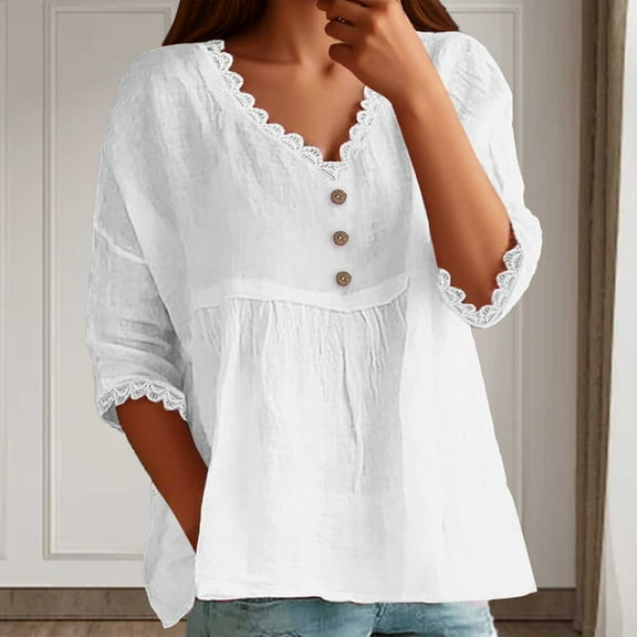 Long Sleeve Tshirts Shirts For Women Solid Color Loose Button Classic Elegant Casual Tunic Tops Comfy Soft Summer Work Tee Pullover Outfits White L