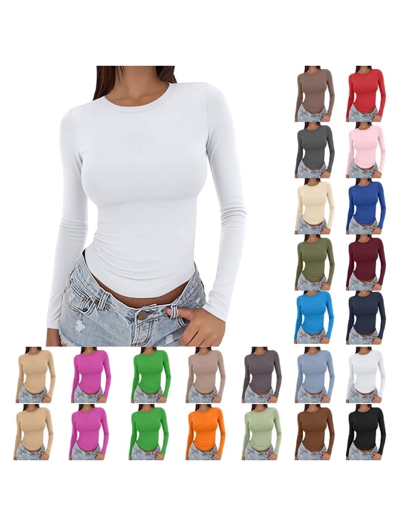 Long Sleeve Tshirts Shirts for Women, Baberdicy Women's Long Sleeve Tops Round Neck Solid Color Slim Fit Casual Layering Tees , Fashiona01 L