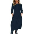 thumbnail image 1 of Long Sleeve Tunic Dress for Women Plus Size Fall Maxi Dresses Loose Casual Plain Long Dresses with Pocket Navy, 3XL, 1 of 5