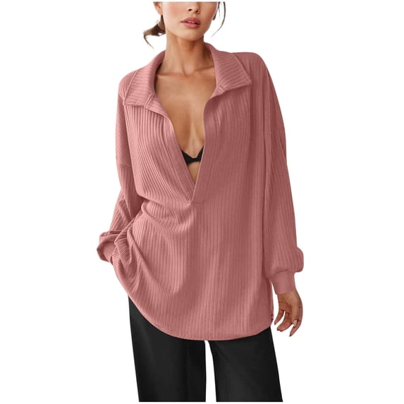 Long Sleeve Tunic Tops For Women Loose Fit Solid Color Deep V Neck Tee Shirts Ladies Texture Casual Fall Blouse (XXL, Pink)
