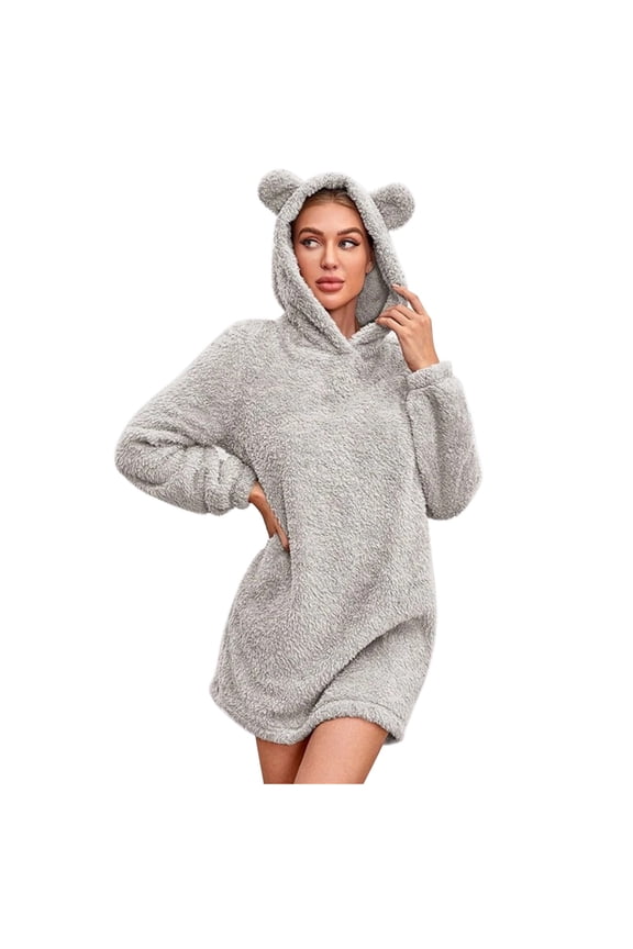 Long Sleeve Tunic Tops for Women Leggings Winter Loose Fit Hooded Bubble Drop Shoulder Hoody Solid Color Leisure Polyester Hoodies Outerwear(Grey,M)