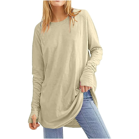 Long Sleeve Tunic Tops for Women with Thumb Holes Solid Color Casual Loose Fitting T Shirts Fall Trendy Crew Neck Pullover Sweatshirt Blouses Beige XL