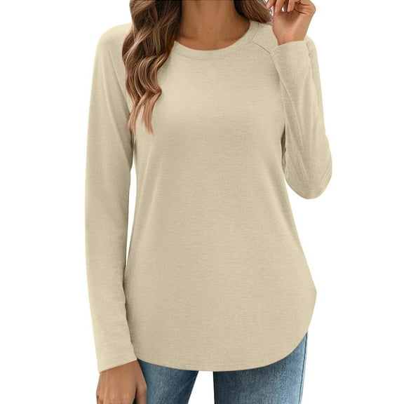 Long Sleeve Tunic Tops for Women, Yigetop Long Sleeve Shirts for Women Crew Neck Casual Fall Fashion Blouses Basic Tops Work Clothes Tunic Tee Shirts for Women Beige S