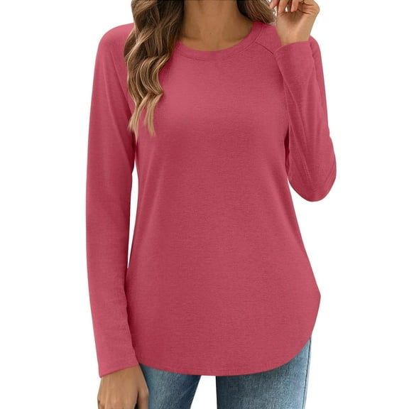 Long Sleeve Tunic Tops for Women, Yigetop Long Sleeve Shirts for Women Crew Neck Casual Fall Fashion Blouses Basic Tops Work Clothes Tunic Tee Shirts for Women Watermelon Red L