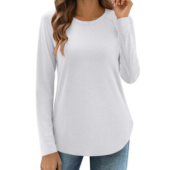 Long Sleeve Tunic Tops for Women, Yigetop Long Sleeve Shirts for Women Crew Neck Casual Fall Fashion Blouses Basic Tops Work Clothes Tunic Tee Shirts for Women White XL