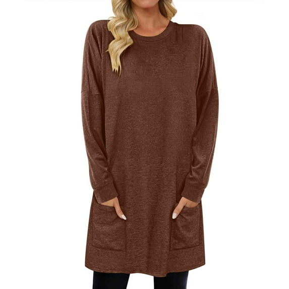 Long Sleeve Tunic Tops for Leggings Women Lightweight Sweatshirt with Pockets Loose Crewneck Long Sleeve Blouses (M, Coffee)