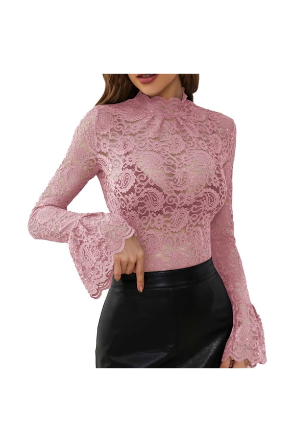 Long Sleeve Tunic Tops for Women Fall Floral Lace Neck Long Flounce Sleeve Pullover Sheer Slim Fit Stand Collar Womens Plain Tshirts Light Pink 2XL