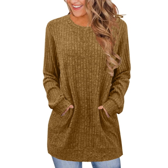 Long Sleeve Tunic Tops for Women Loose Fit Dressy Crew Neck T Shirts Casual Winter Cute Solid Colour Long Tunic Blouse Beige L