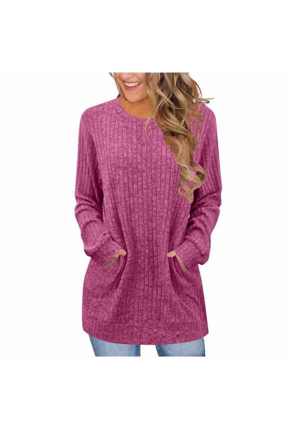 Long Sleeve Tunic Tops for Women Loose Fit Dressy Scoop Neck Solid Colour Sweater Lightweight Cute Shirts with Pockets Hot Pink 2XL