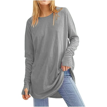 Long Sleeve Tunic Tops for Women with Thumb Holes Solid Color Casual Loose Fitting T Shirts Fall Trendy Crew Neck Pullover Sweatshirt Blouses Gray L