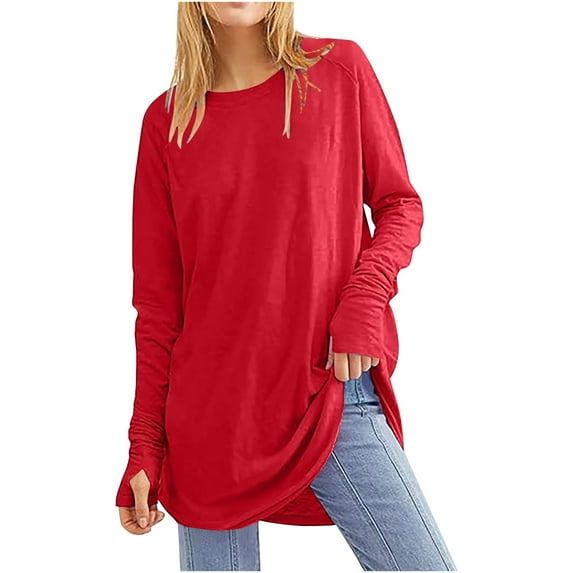 Long Sleeve Tunic Tops for Women with Thumb Holes Solid Color Casual Loose Fitting T Shirts Fall Trendy Crew Neck Pullover Sweatshirt Blouses Red S