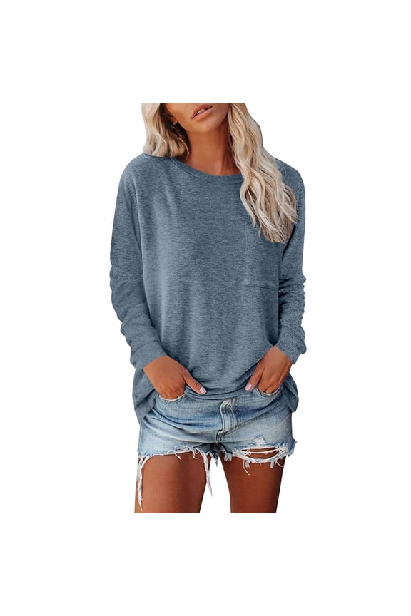 Long Sleeve Tunic, Yigetop Womens Crew Neck Pullovers Loose Long Sleeve Tunic Tops Basic T Shirts Blouse Split Side Tops for Women Light Blue M