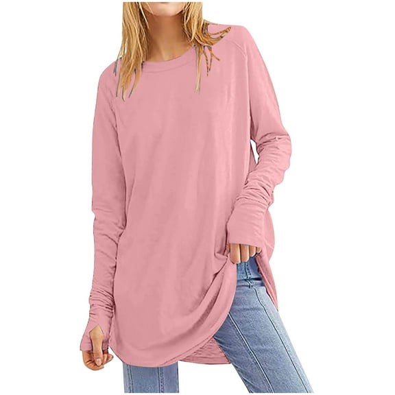 Long Sleeve Tunics for Women 2024 Tunic Tops with Thumb Holes Casual Loose Crew Neck Shirts for Leggings Pullover Tops Blouses T-Shirts Pinks L
