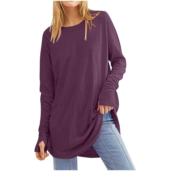 Long Sleeve Tunics for Women 2024 Tunic Tops with Thumb Holes Casual Loose Crew Neck Shirts for Leggings Pullover Tops Blouses T-Shirts Purples XXL