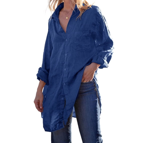 Long Sleeve Turn-Down Collar Long Button-Down Blouse Cover Up Tops