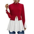 thumbnail image 1 of Long Sleeve Turtleneck Shirts for Women Peplum Hem Casual T-Shirt Fashion Fall Casual Loose Fit Patchwork Blouses (Red M), 1 of 6