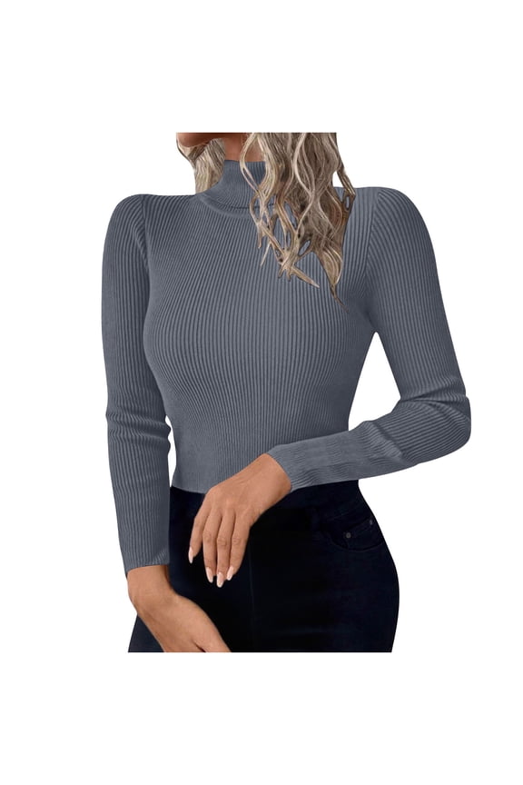 Long Sleeve Turtleneck Sweaters Women Slim-Fit Knit Basic Layers Lightweight Pullover Fall Sweater Tops Gray, L