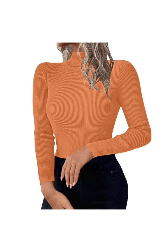 Long Sleeve Turtleneck Sweaters Women Slim-Fit Knit Basic Layers Lightweight Pullover Fall Sweater Tops Orange, M