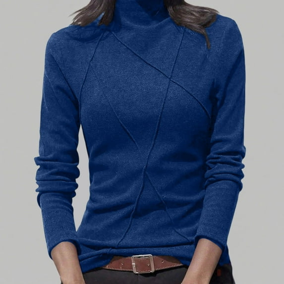 Long Sleeve Turtleneck Women Shirts Y2k Pleated Plain Tops Fall Pullover Clothes (Blue XL)
