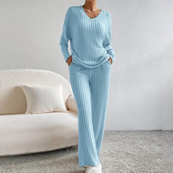 Long Sleeve Two Piece Sets for Women V Neck Lounge Sets Casual Fall Wide Leg Pants Travel Vacation Outfits