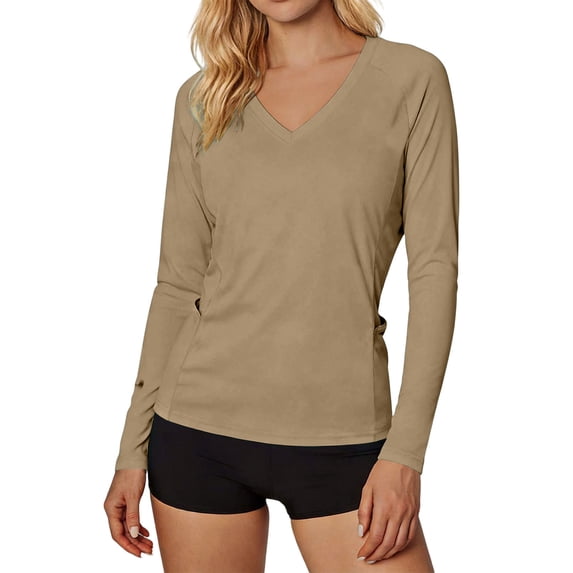 Long Sleeve UPF 50+ UV Protection Sun Shirts for Women V Neck Lightweight Athletic Running Gym Workout Tops(Khaki,L)